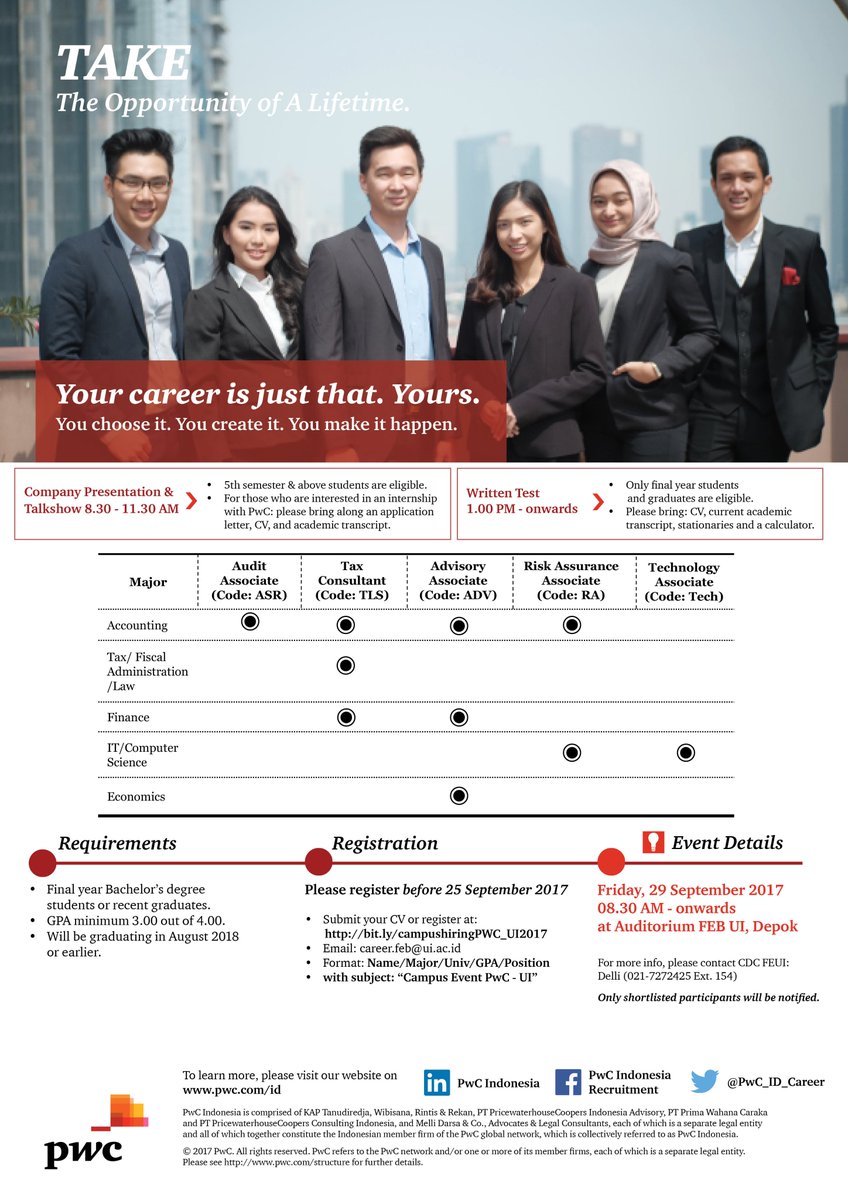 PwC Campus Recruitment UI on Friday, 29 Sept 2017...Prepare your CV and register now..For more info, contact <a href="/CareerFEB_UI/">CDC Ventura, Kerjasama & Alumni FEB UI</a>