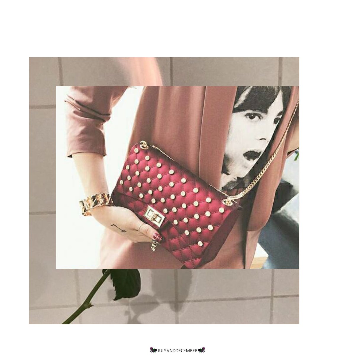 #JNDNewin Zoey Red Rhinestone Gold Chain Crossbody Bag - Rp189,000 (pvc - size (L*W*H) 23*7*13cm - with chain strap)