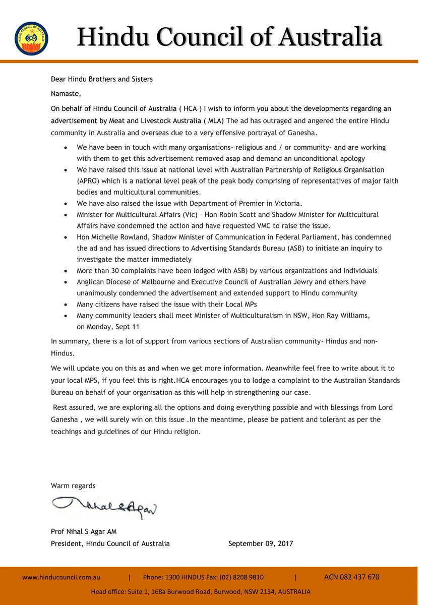 A message from our President regarding the recent advertisement having highly offensive portrayal of Ganeshji