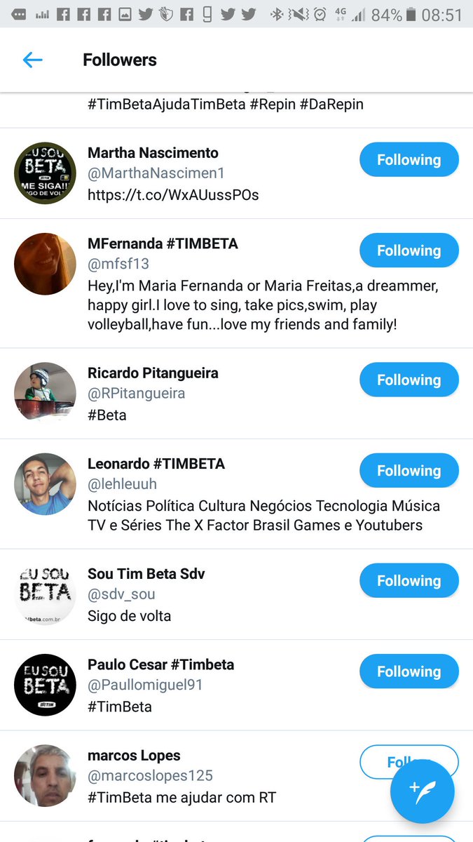 Deu cãibra nos dedos ms estou seguindo tds de volta. Obrigado a todos!!! #vamoqvamo #BetaAjudaBeta #BetaSegueBeta sigam e RT tbm <a href="/bru_tdavid/">Bruna #Tim Beta</a>