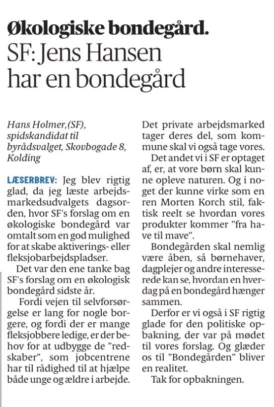 SFKolding's tweet photo. @HolmerHans forslag om øko besøgsgård som beskæftigelsesprojekt i #Kolding Kommune- læs mere om det her: https://t.co/jZoT7GRwyr