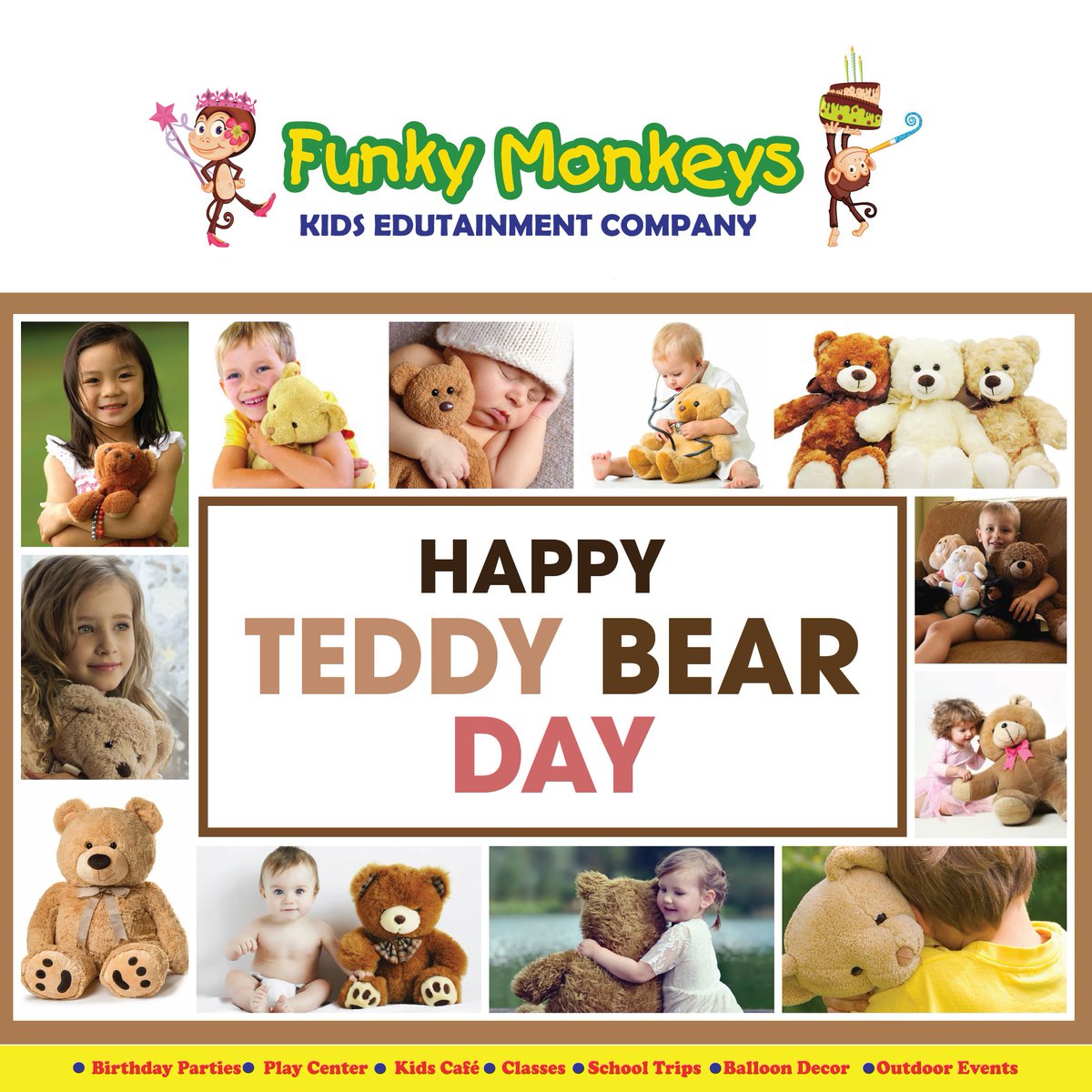 FUNKYMONKEYSUAE's tweet photo. Have a huggable and snuggable day, kids! Happy Teddy Bear Day. https://t.co/fJ4KQ3BjZu