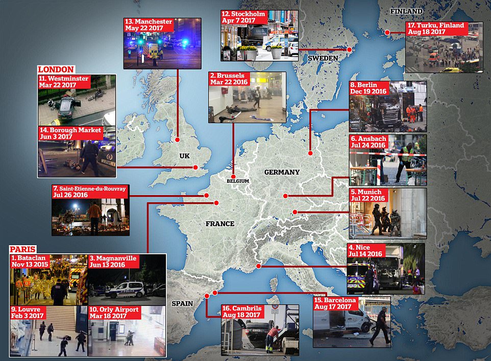 JPZinzen's tweet photo. Two years of terror attacks in Europe
Map from @MailOnline 
#terrorism #attacks #ISIS https://t.co/xPcL9BHqg2