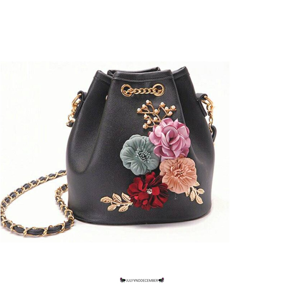 #JNDNewin Emily Black Flower &amp; Pearl Drawstring Bucket Bag - Rp167,000 (pu leather - size (L*H*W) 18*12*19cm - with chain strap)