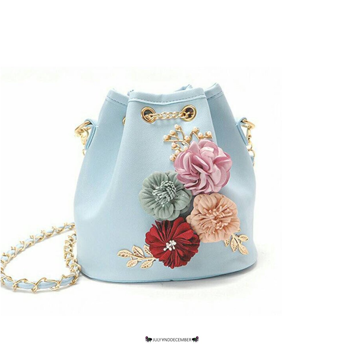 #JNDNewin Emily Baby Blue Flower &amp; Pearl Drawstring Bucket Bag - Rp167,000 (pu leather - size (L*H*W) 18*12*19cm - with chain strap)