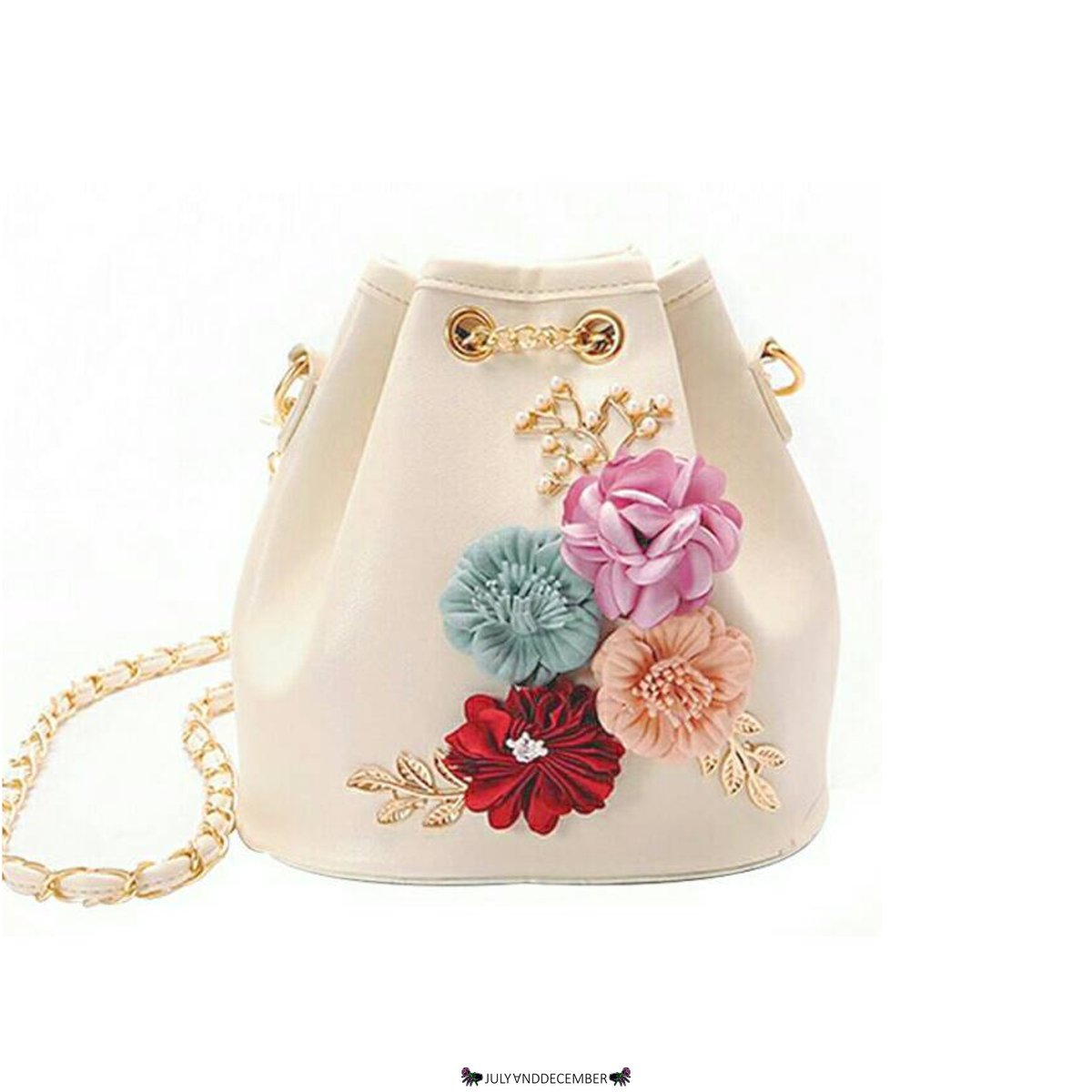 #JNDNewin Emily Beige Flower &amp; Pearl Drawstring Bucket Bag - Rp167,000 (pu leather - size (L*H*W) 18*12*19cm - with chain strap)
