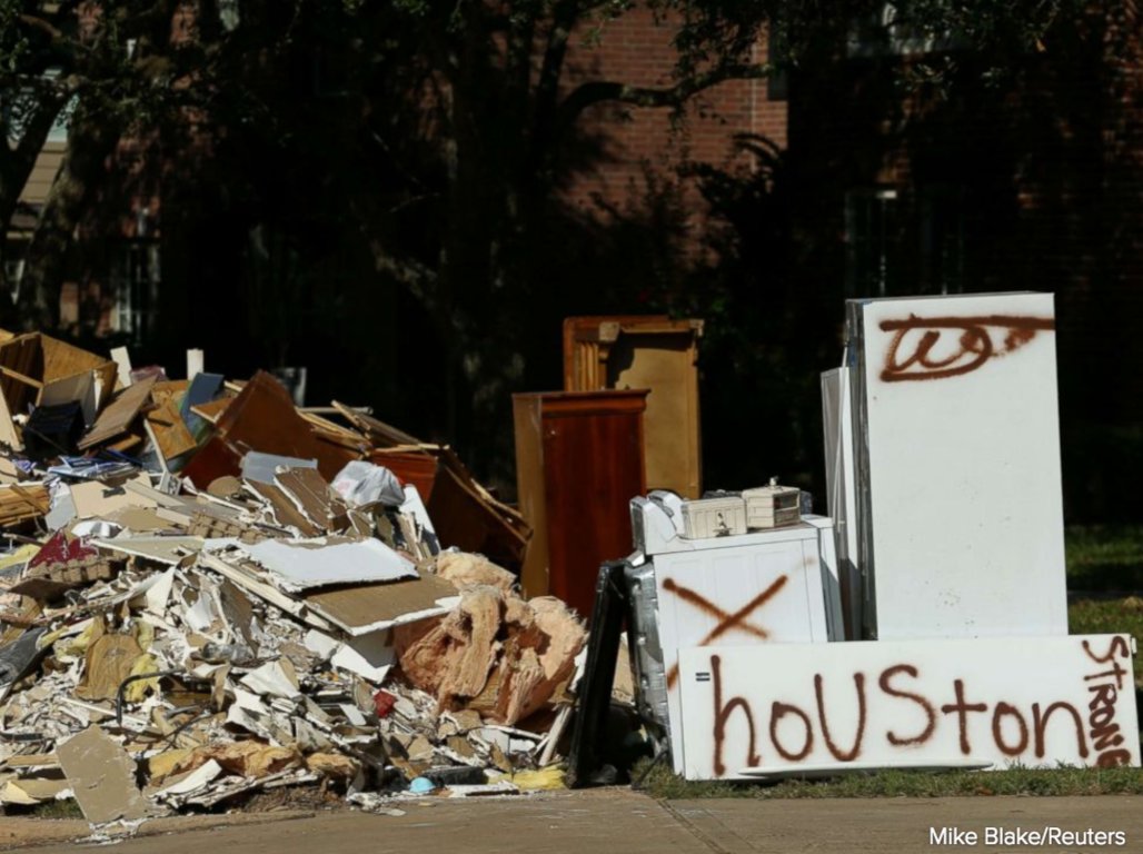 ABC's tweet image. Houston citizens have thrown out 8 million+ cubic yards of drywall, furniture, appliances and clothing after #Harvey abcn.ws/2eTmuUV