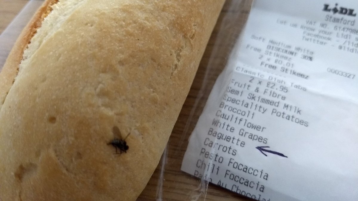 Oh dear, discovered a dead fly in the crust of the <a href="/LidlUK/">Lidl UK</a> baguette!