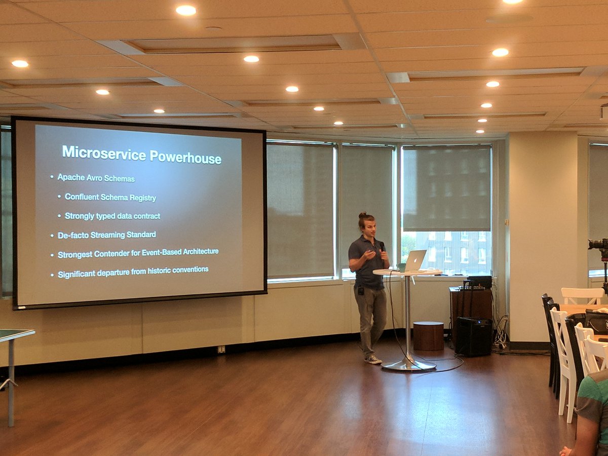 motasem's tweet photo. Adam explaining how @getflipp is using @apachekafka &amp; #avro for streaming structuted data &amp; building event driven microservices @hackondata https://t.co/hmGa7hfhTm