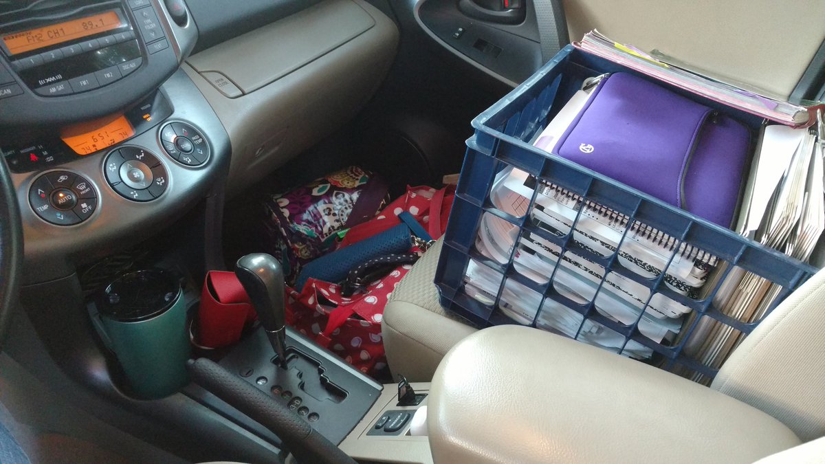 MrsGRoom3atPGE's tweet photo. My car thought my crate of school stuff was a person and needed a seatbelt. #teacher #week2ofschool #teacherlife https://t.co/9segtYCsZi