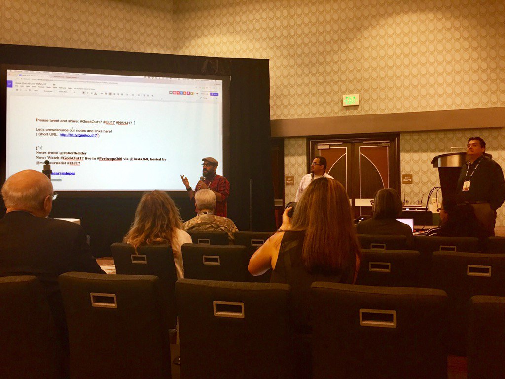 SandraGonzalez2's tweet photo. The #GeekOut17 session. Talking 360 cameras & stuff. #EIJ17 https://t.co/WfSmHecRXo
