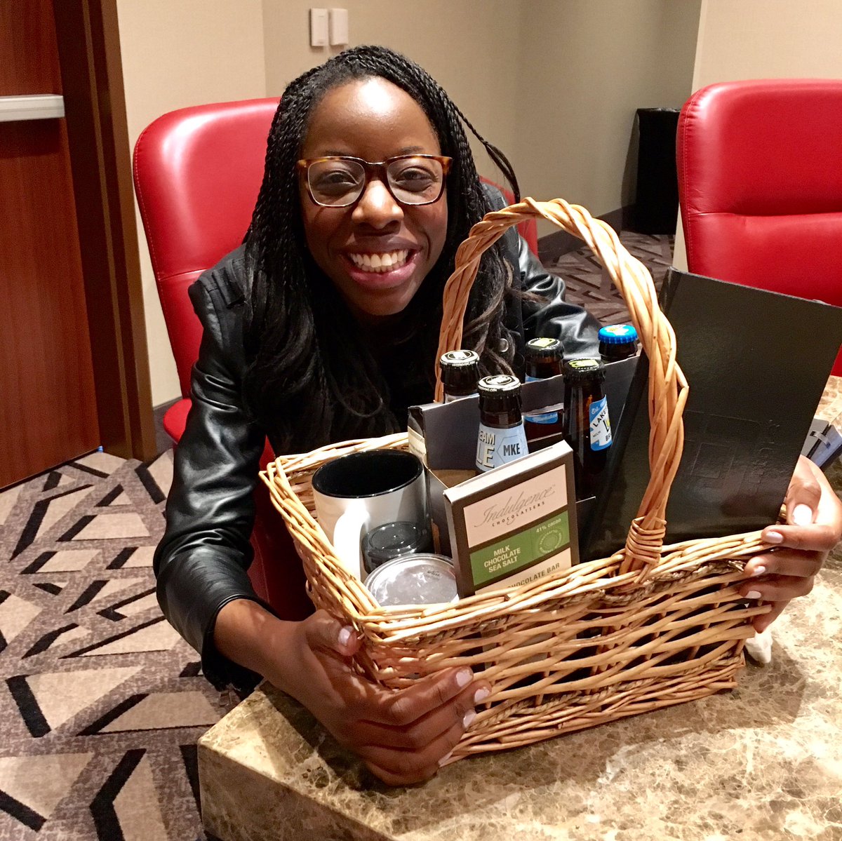 rachelkrau's tweet photo. We're sending @LadyNaggaga home with a basket full of Milwaukee goodies! Beer, chocolate, coffee and more! #mkedotnet #milwaukee https://t.co/ndXy79DC8a