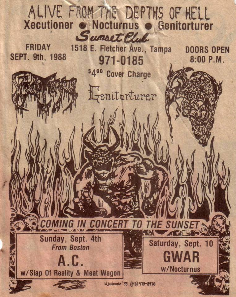 LegionsDeath's tweet photo. 29 years ago today
September 9th, 1988 Concert at The Sunset Club, Tampa,, USA. with #Nocturnus & #Xecutioner(Pre-Obituary) & #Genitorturer https://t.co/92dnHerNZ4