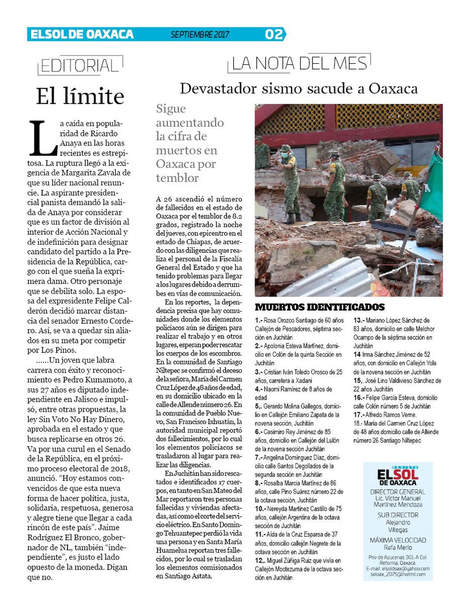 VicManOaxaca's tweet photo. #ElSoldeOaxaca #EjemplarSept #Pag2 
* Editorial 
* Nota del Mes "Devastador sismo sacude a Oaxaca" https://t.co/L4xDQKScrn