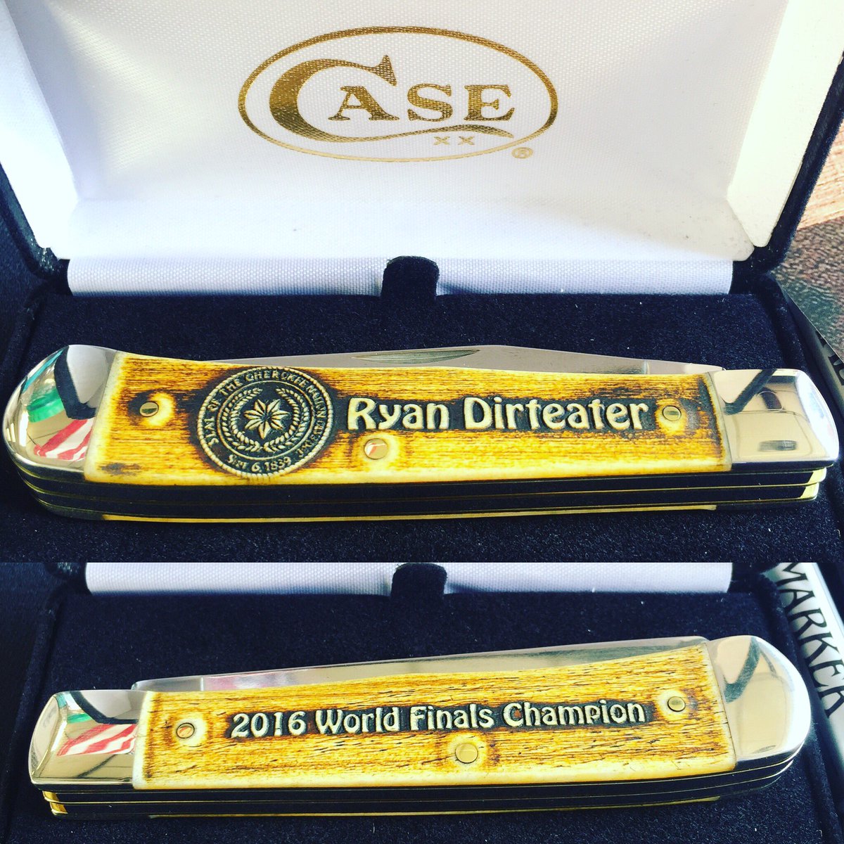 ryandirteater's tweet photo. My friends from @Case_Knives presented me with this awesome Case Knife #celebration2017 #Case @CNB_Media @CherokeeNation @PBR https://t.co/QVAMxwh16F