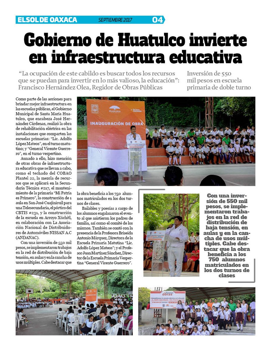 VicManOaxaca's tweet photo. #ElSoldeOaxaca #EjemplarSept #Pag4
* Gobiernode Huatulco, invierte en infraesctructura educativa @JoseHdzHuatulco https://t.co/gqbLqjQA1Y