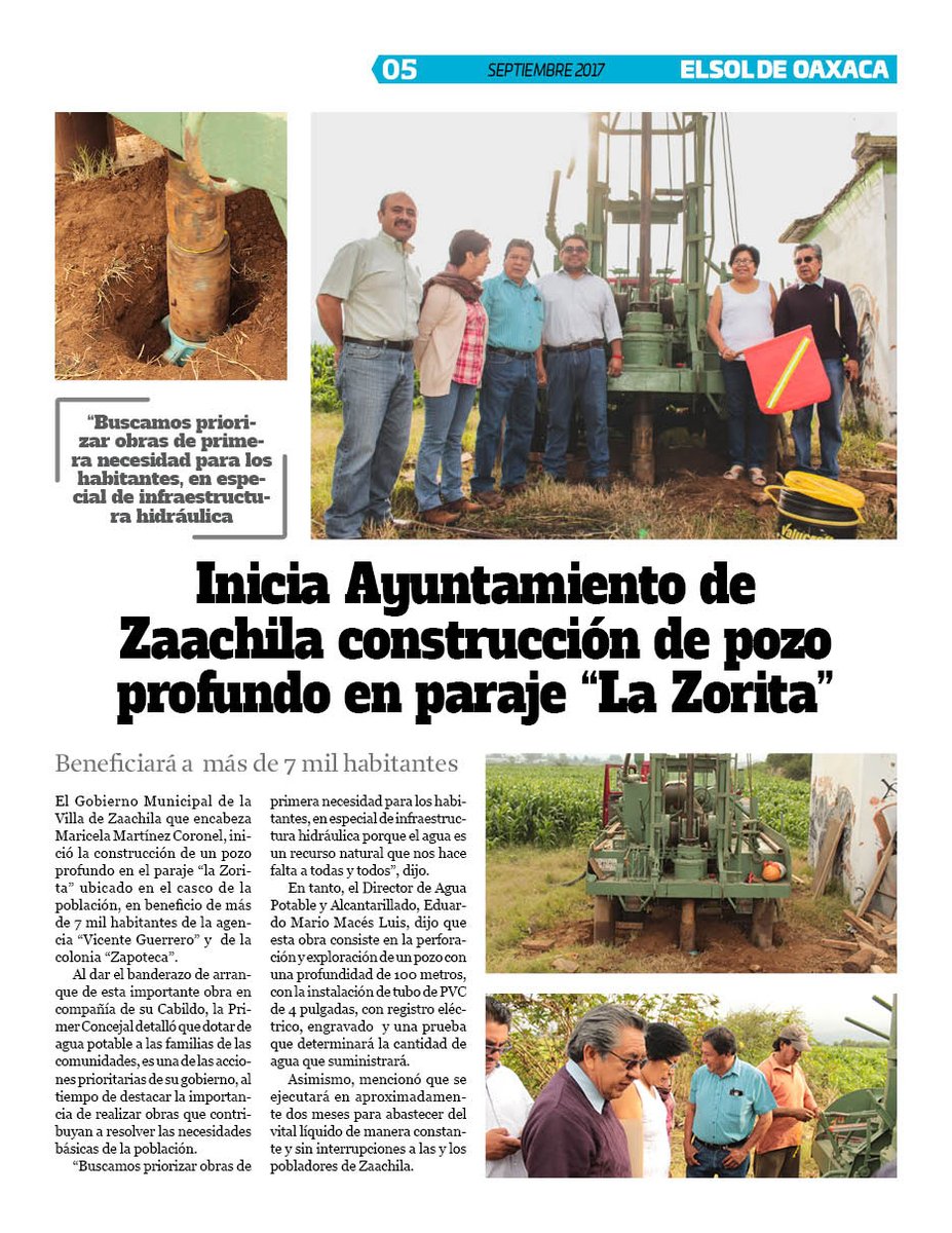 VicManOaxaca's tweet photo. #ElSoldeOaxaca #EjemplarSept #Pag5
Inicia Ayuntamiento de #Zaachila @Zaachila2017 construccion de pozo profundo en paraje La Zorita https://t.co/MOVsw7gubb