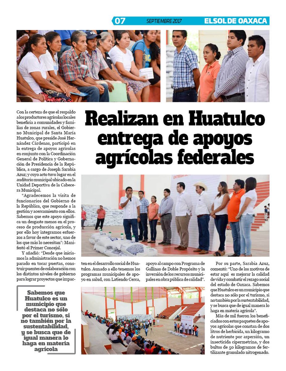 VicManOaxaca's tweet photo. #ElSoldeOaxaca #EjemplarSept #Pag7
*Realizan en #Huatulco entrega de apoyos agricolas federales @JoseHdzHuatulco https://t.co/ok5bu8iqJW