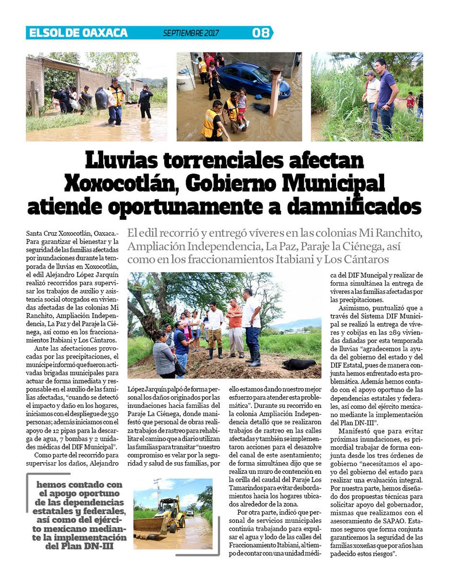 VicManOaxaca's tweet photo. #ElSoldeOaxaca #EjemplarSept #Pag8
Lluvias torrenciales afectan #Xoxocotlan Gobierno Municipal atiende oportunamente a damnificados https://t.co/ZteYpb3x8b