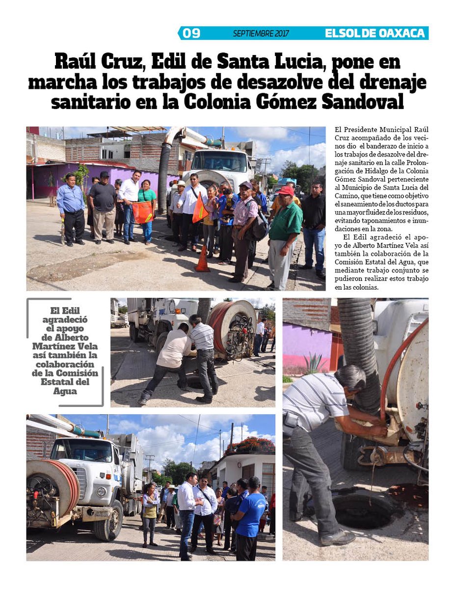 VicManOaxaca's tweet photo. #ElSoldeOaxaca #EjemplarSept #Pag9
@_RaulCruz_ ponde en marcha los trabajos de desazolve sanitario en Col Gomez Sandoval https://t.co/44fB9RxgrE