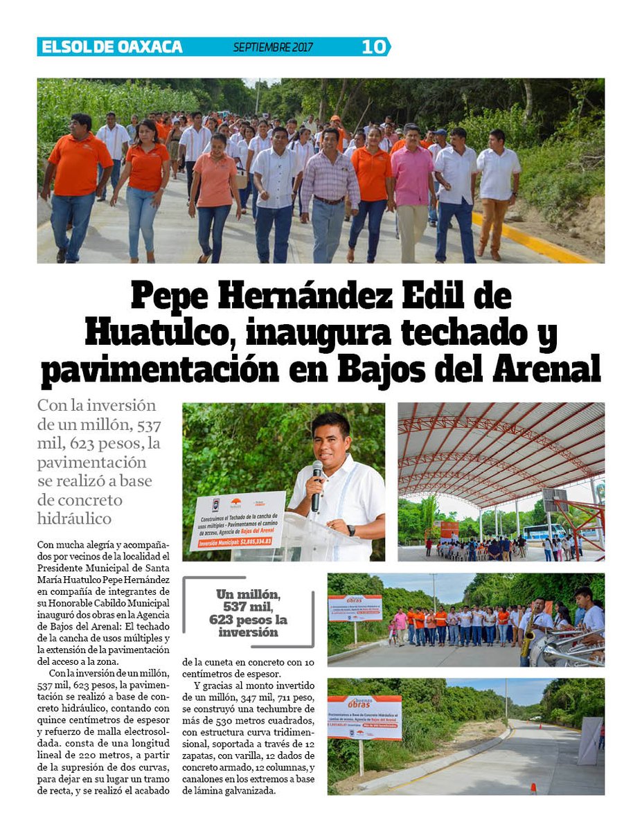 VicManOaxaca's tweet photo. #ElSoldeOaxaca #EjemplarSept #Pag10
@JoseHdzHuatulco edil de #Huatulco Inaugura techado y pavimentacion en Bajos del Arenal https://t.co/DbMNbYX4i9