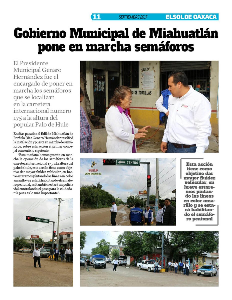 VicManOaxaca's tweet photo. #ElSoldeOaxaca #EjemplarSept #Pag11
Gobierno Municipal de Miahuatlán pone en marcha semaforos @Narohdzj https://t.co/kRhWpcu4Tf