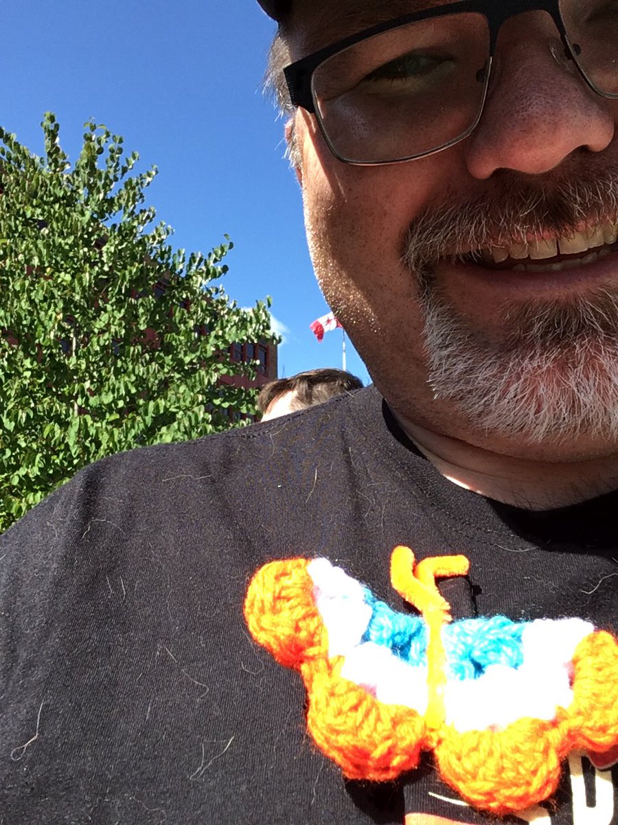 LeanderCampbell's tweet image. Rocking a crochet butterfly. FREE to keep too! @bugdayOttawa