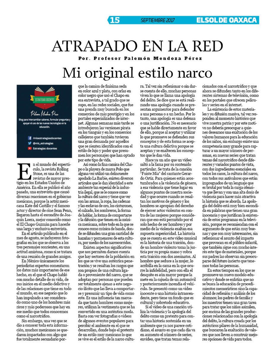 VicManOaxaca's tweet photo. #ElSoldeOaxaca #EjemplarSept #Pag15
#SeccionAtrapadoenlaRed
"Mi original estilo narco"
Prof. Palemón Mendoza Perez https://t.co/3B9xo0mAuD