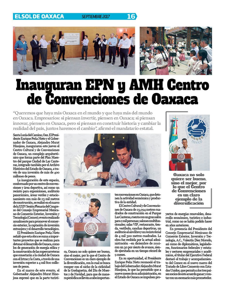 VicManOaxaca's tweet photo. #ElSoldeOaxaca #EjemplarSept #Pag16 #Contraportada
Inaugura @EPN y @alejandromurat Centro de Convenciones de Oaxaca @GobOax https://t.co/II3ax3qB2Z