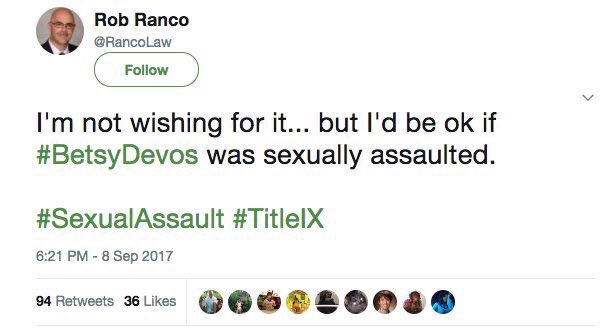 ListSatoshi_'s tweet photo. Wow. What a stand-up guy. He's just calling for the sexual assault OF A WOMAN, but she's a Conserv, so..&amp; BTW, this sicko is an attorney🙄 https://t.co/oTqtGsJKzG