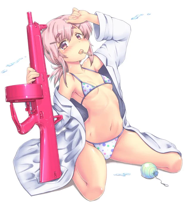 リトルアーモリーさんちの大泉練ちゃん描いてみたー。白衣ビキニ。あとウォーターガンふうAA-12さん。 #リトルアーモリー #大泉練 