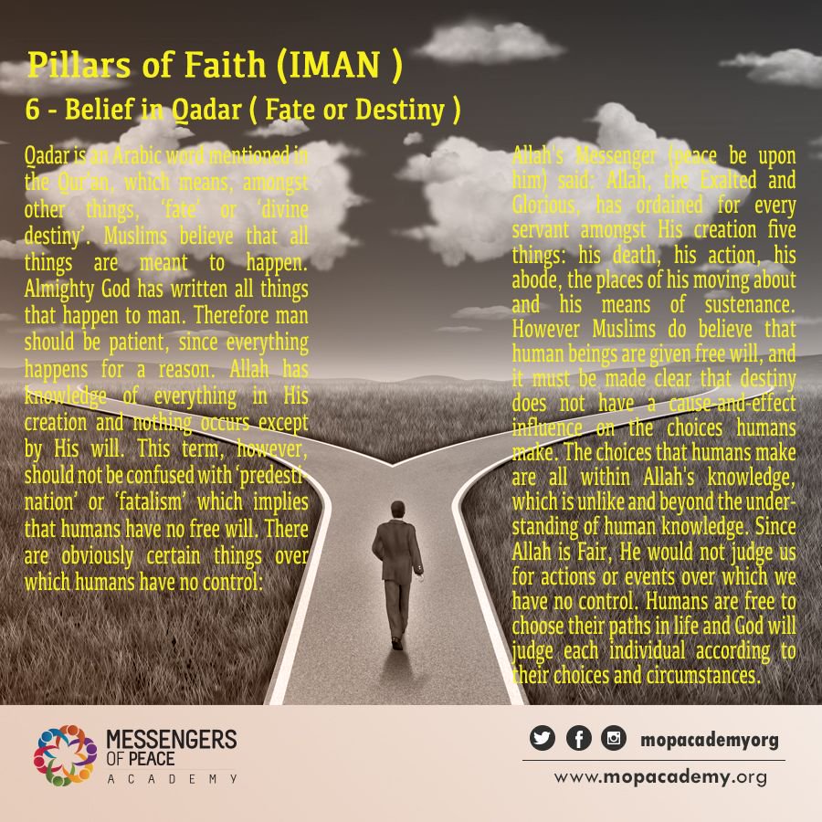 mopacademyorg's tweet photo. Pillars of Faith ( IMAN )
6 - Belief in Qadar ( Fate or Destiny )
#muslims
#islam
#newtoislam
#whatisfaith
#howtobemuslim https://t.co/YhnyEWVYlq