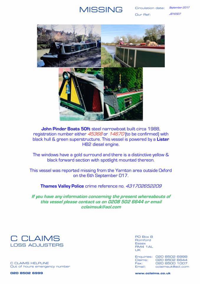 stolen boat please keep an eye out. <a href="/WaterwayPages/">waterway.pages</a> <a href="/MerciaMarina/">Mercia Marina</a> <a href="/CanalTraders/">RCTA ®</a>  #narrowboats #canals #waterways