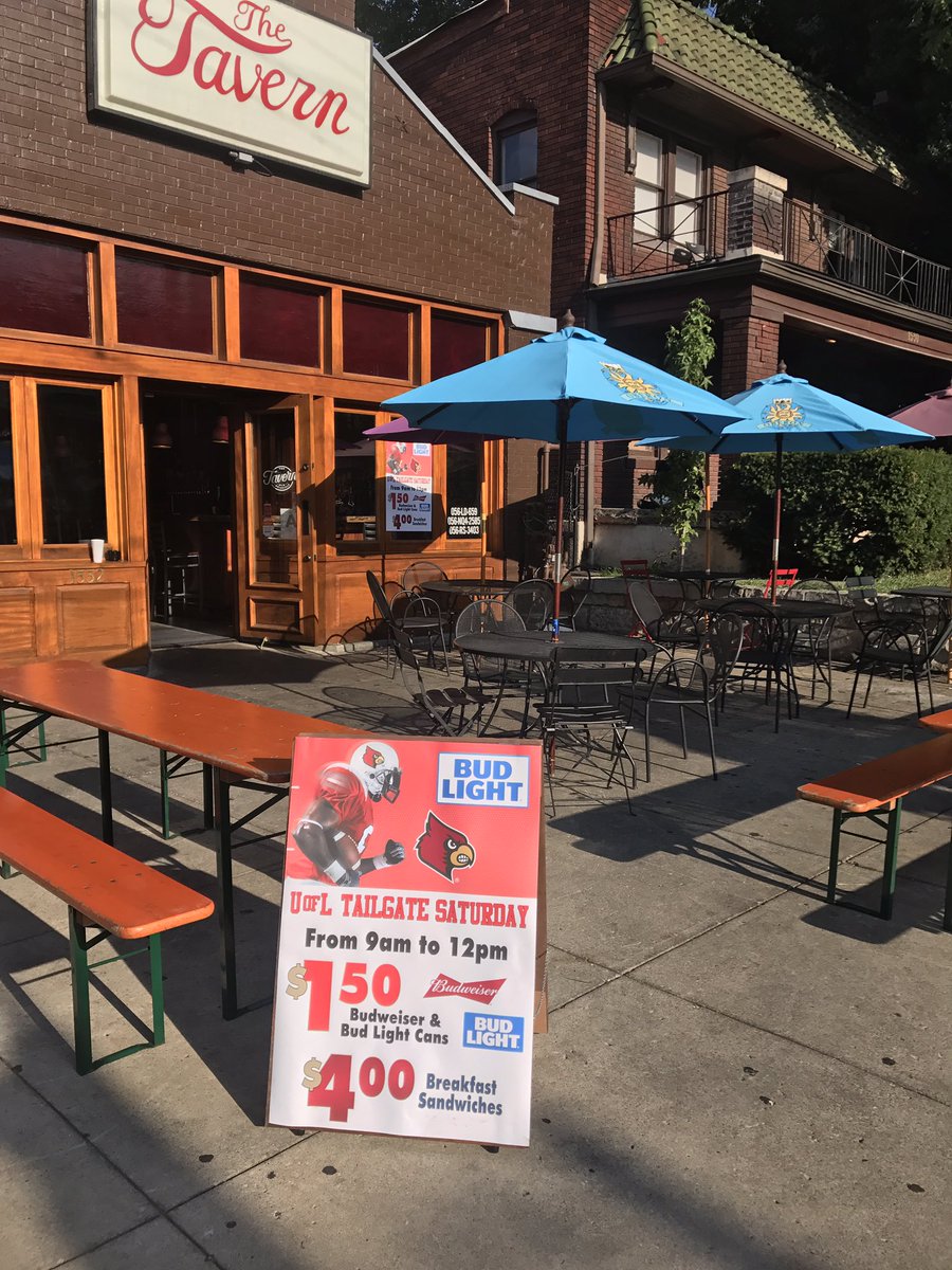 OLTavern's tweet photo. UofL Away game, come tailgate with us 1.50 bud and bud light cans, $4 breakfast sandwiches! Then stay for lunch and the game! #bestuoflbar https://t.co/2kR1Bb0ywc