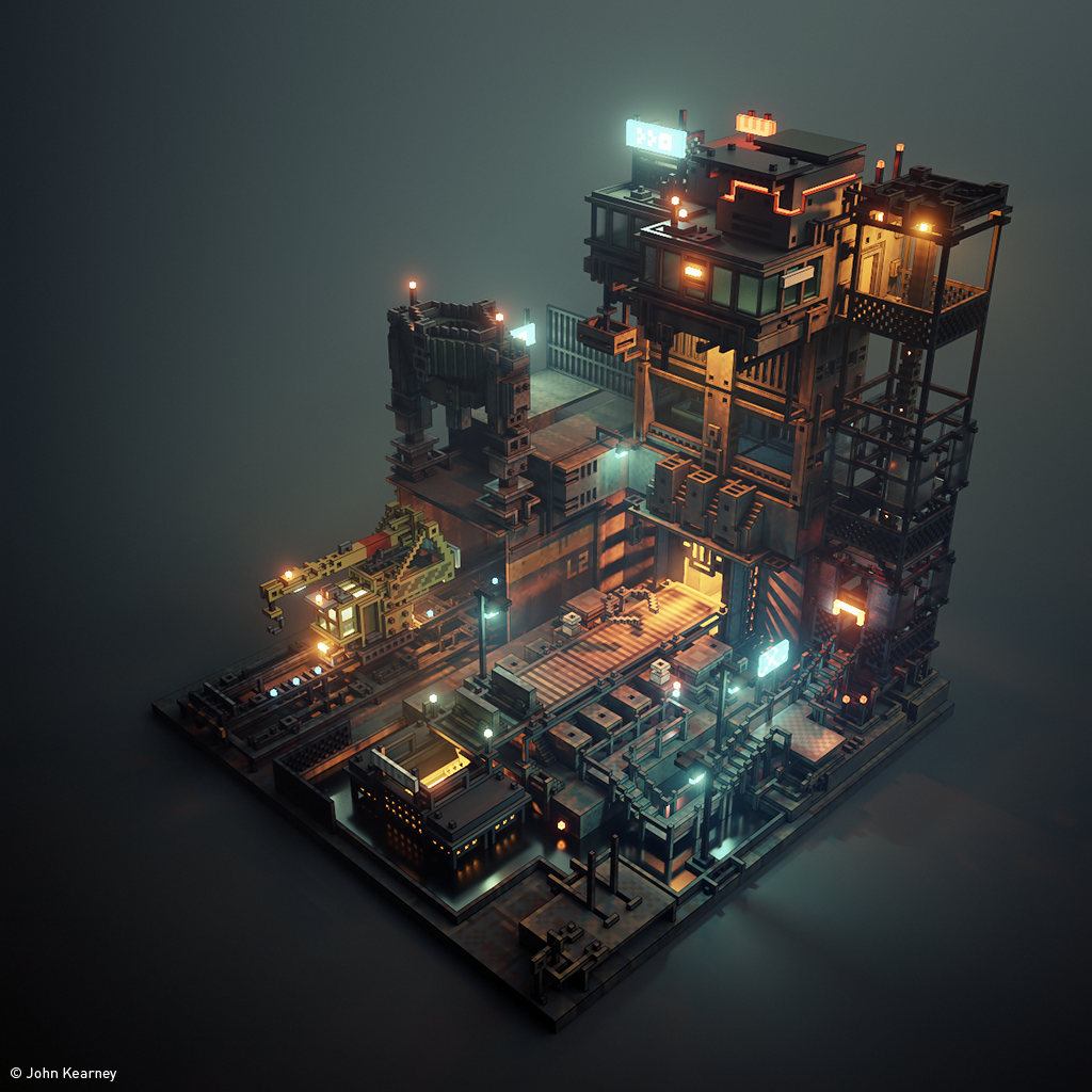 HuntingFluff's tweet photo. Not had much time recently but here's a work-in-progress of a little factory. I'll animate it at some point! #magicavoxel #gamedev #indiedev https://t.co/Gs22TqgBQ4