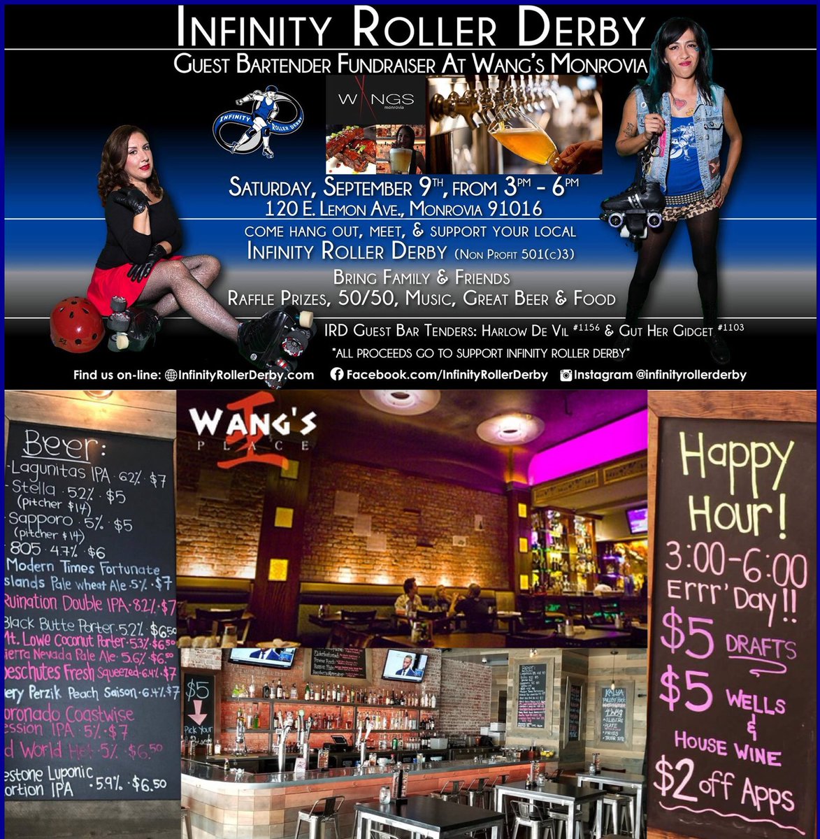InfinityRollerD's tweet photo. #Today IRD #HappyHour @WangsMonrovia from 3-6pm IRD's guest #Bar Tending. #rollerderby #monrovia #sgv #beer #drinks #pasadena #azusa #duarte https://t.co/b1NjkJ2mBA