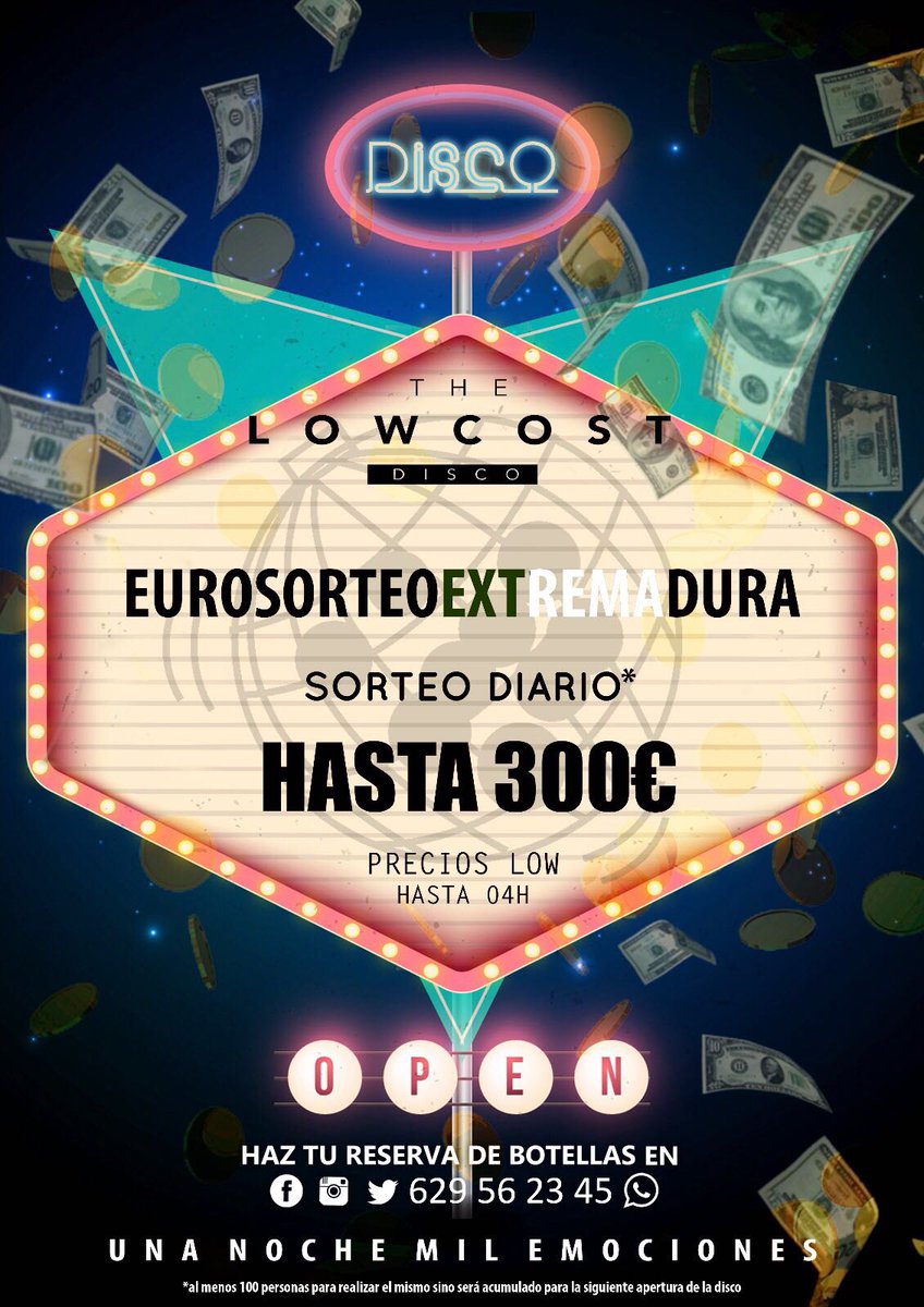 💰¡ EUROPREMIOS ! 💰

RT: Sorteo de Botella.

¡ Premios en metálico de hasta 300€ ! 💸

Una noche mil emociones.

Info + Reservas : 629562345
