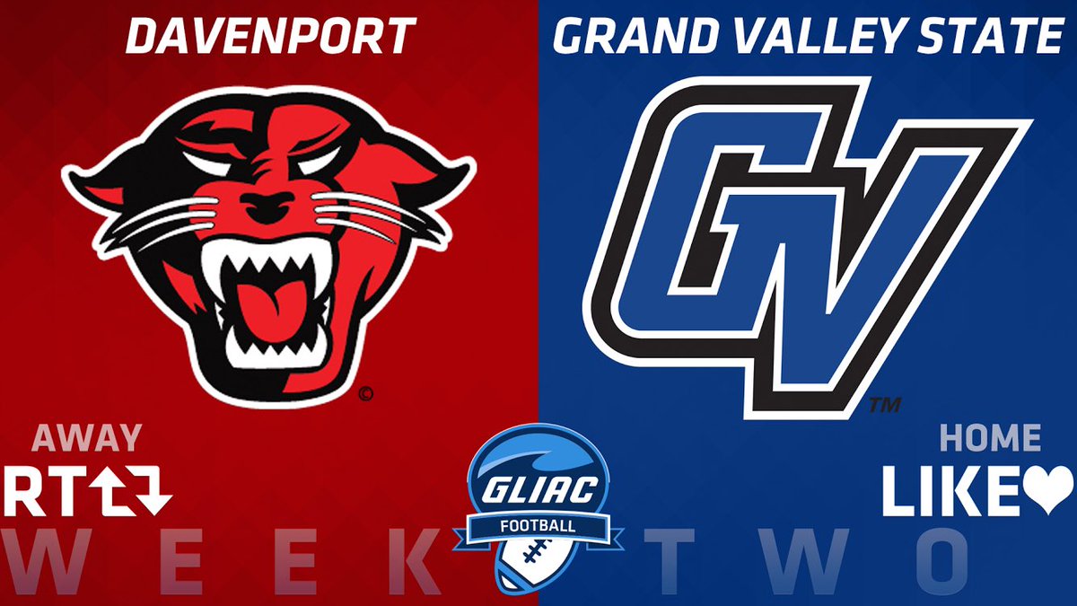 GLIACsports's tweet photo. #GLIACFB Week 2️⃣

RT - Davenport
LIKE - 1️⃣4️⃣ Grand Valley St.

⏰ 7 PM
📊 https://t.co/yVztICEoyX https://t.co/iihE6okvvD