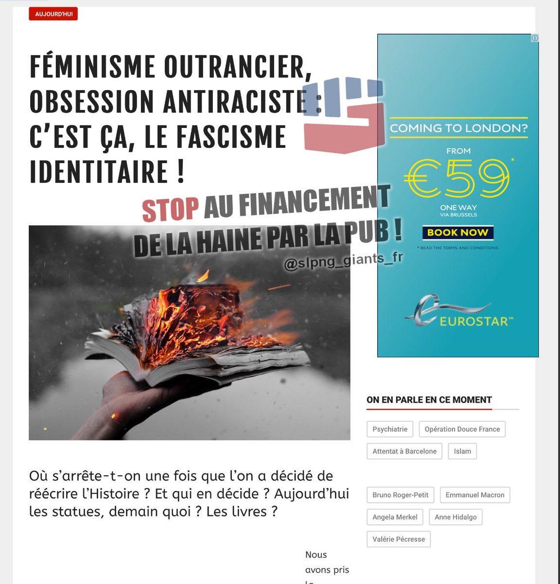 slpng_giants_fr's tweet photo. .@eurostarfr @eurostar à votre insu,votre pub finance l'abject BVoltaire. Rejoignez les 500+ annonceurs qui l'ont déjà bloqué. Agissez, svp💐 https://t.co/mLnfegQ0yL