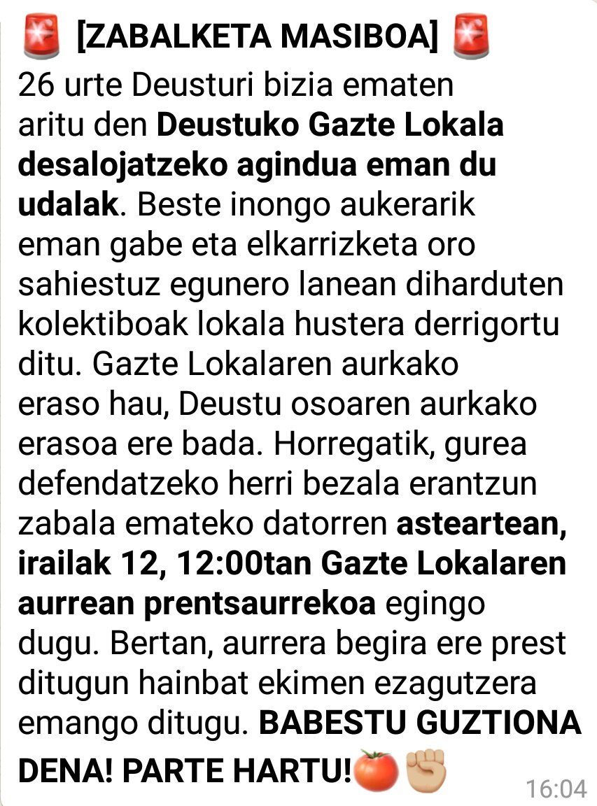 DEUSTUKO GAZTE LOKALA DESALOJO ARRISKUAN. ZABALDU!