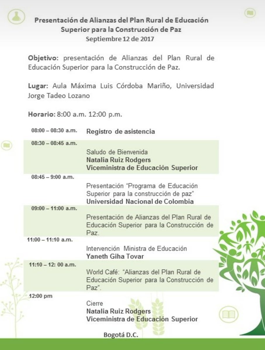 NataliaRuizRN's tweet photo. Invitación: Socialización de alianzas del Plan Rural de Educación Superior para la Construcción de Paz. En la @Utadeo_edu_co MARTES 12 https://t.co/aVexQwiUr0