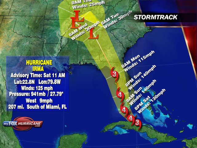 myfoxhurricane's tweet photo. 11am update: Irma down to Category 3 with 125mph winds. BUT expected to pass directly over Tampa Bay area now as Category 3 or 4. https://t.co/sPy1Abc58n