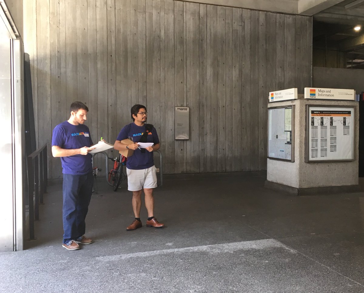 codeforatlanta's tweet photo. A #MARTAhack team waits to survey riders to provide context for their UX project. https://t.co/jaNFQilwUr