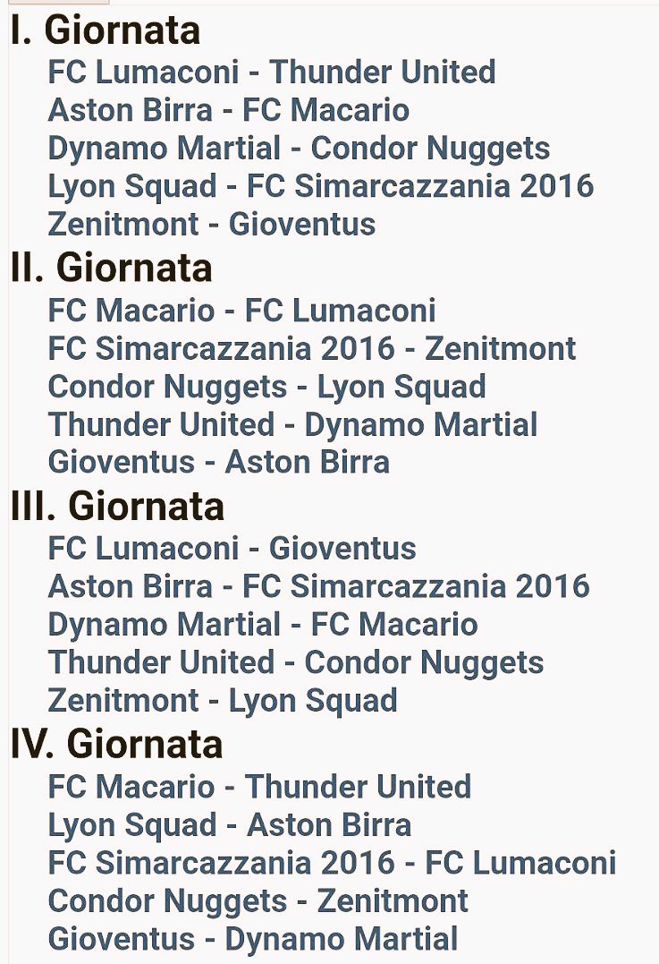 SimarcazzaniaFC's tweet photo. Ecco il #calendario ufficiale del #Campionato di #FantalegaDurex 2017/18, che si svolgerà in 3 gironi (andata, ritorno e neutro). 🐢💛💙 https://t.co/tSFMMX8Oqz