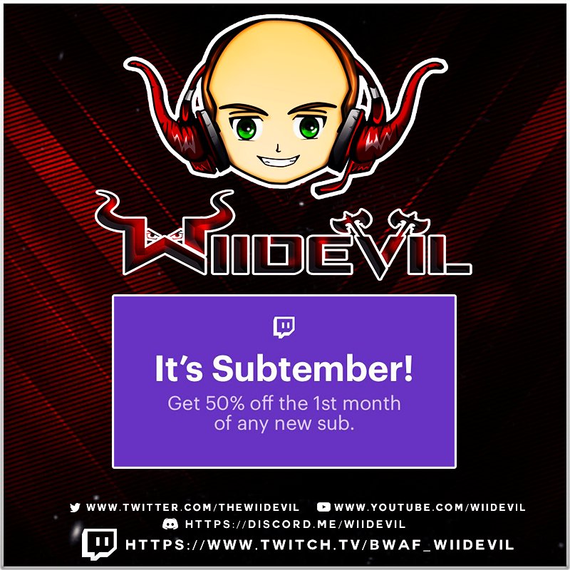 TheWiiDEVil's tweet photo. Im doing viewer and sub giveaways throughout @Twitch #SUBtember, checkout the Giveaways channel in my discord - https://t.co/qikPOWWoNk :) https://t.co/j4KgxOLT5p