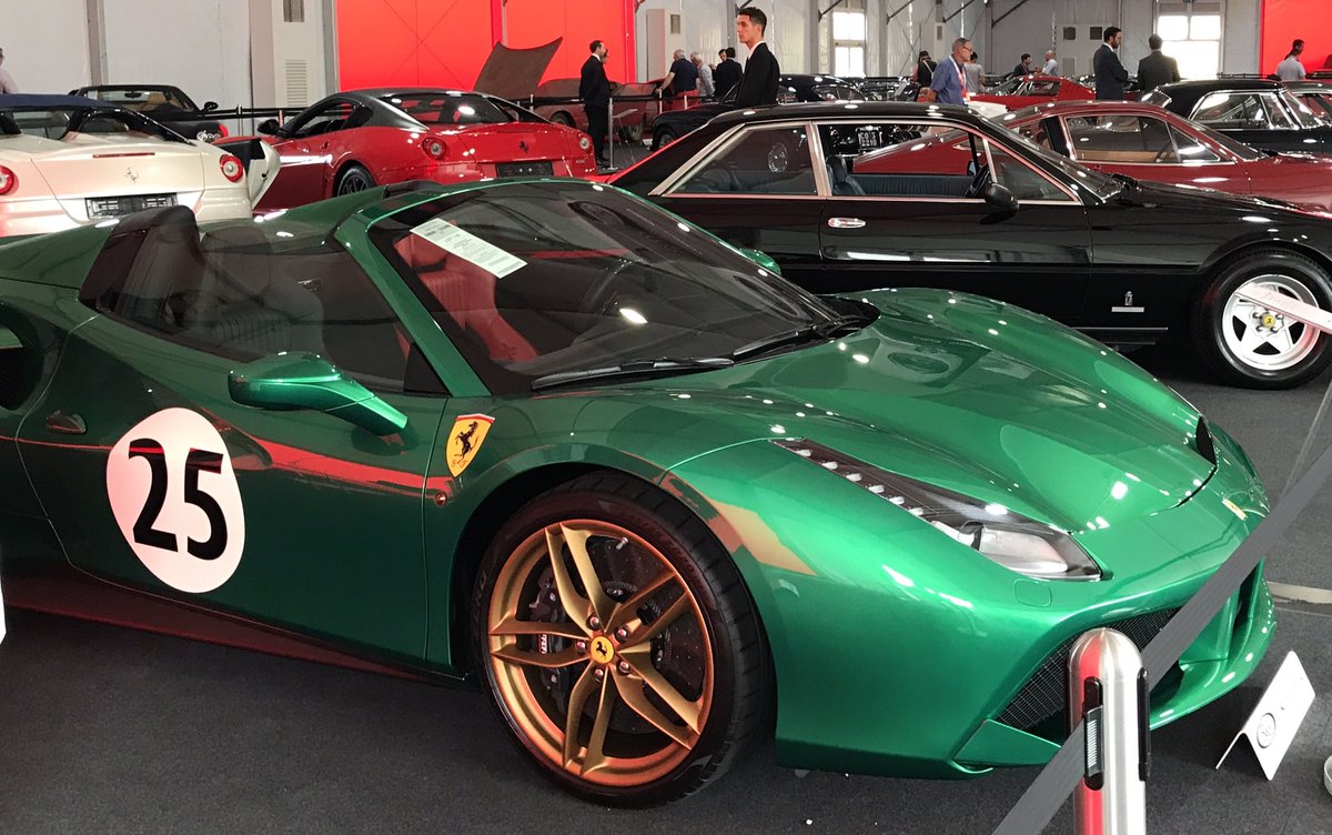 Sothebys's tweet photo. The 2016 Ferrari 488 Spider 'Green Jewel’ - the first 70th anniversary car to be unveiled sells for €1.1m, 3x est. #RMFerrari https://t.co/wERav9r22M