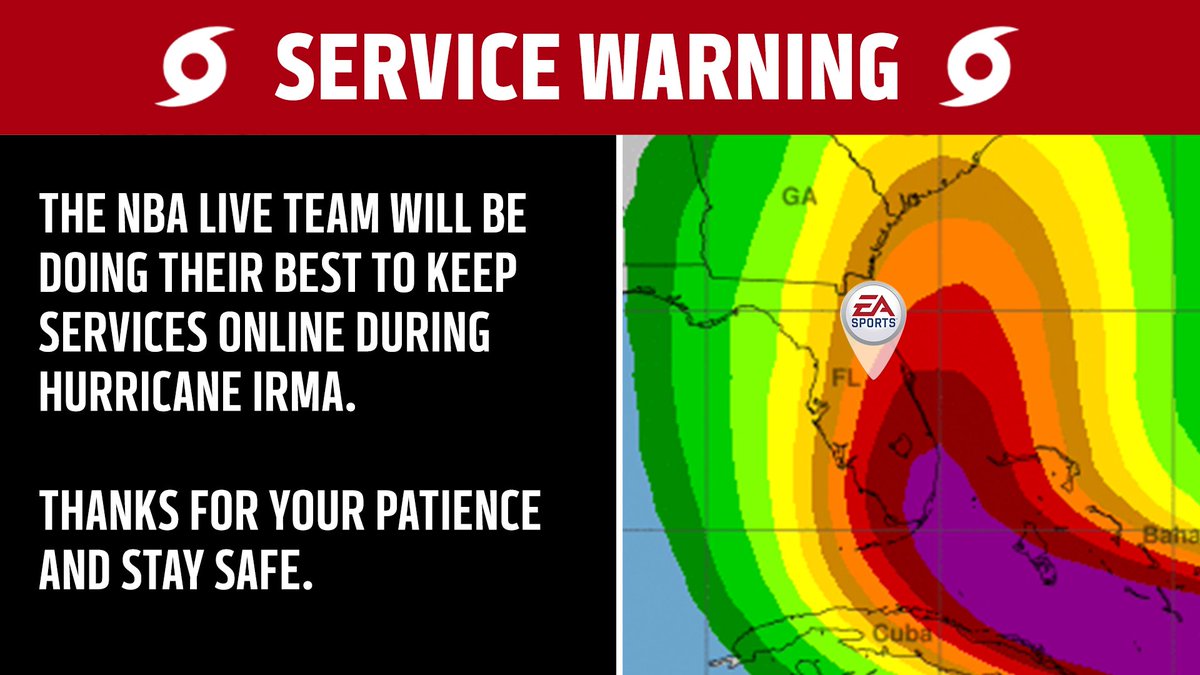 EASPORTSNBA's tweet photo. Our apologies, we will do our best to keep services up during Irma as it impacts our headquarters. #NBALIVE18 https://t.co/9VWzO3TW59