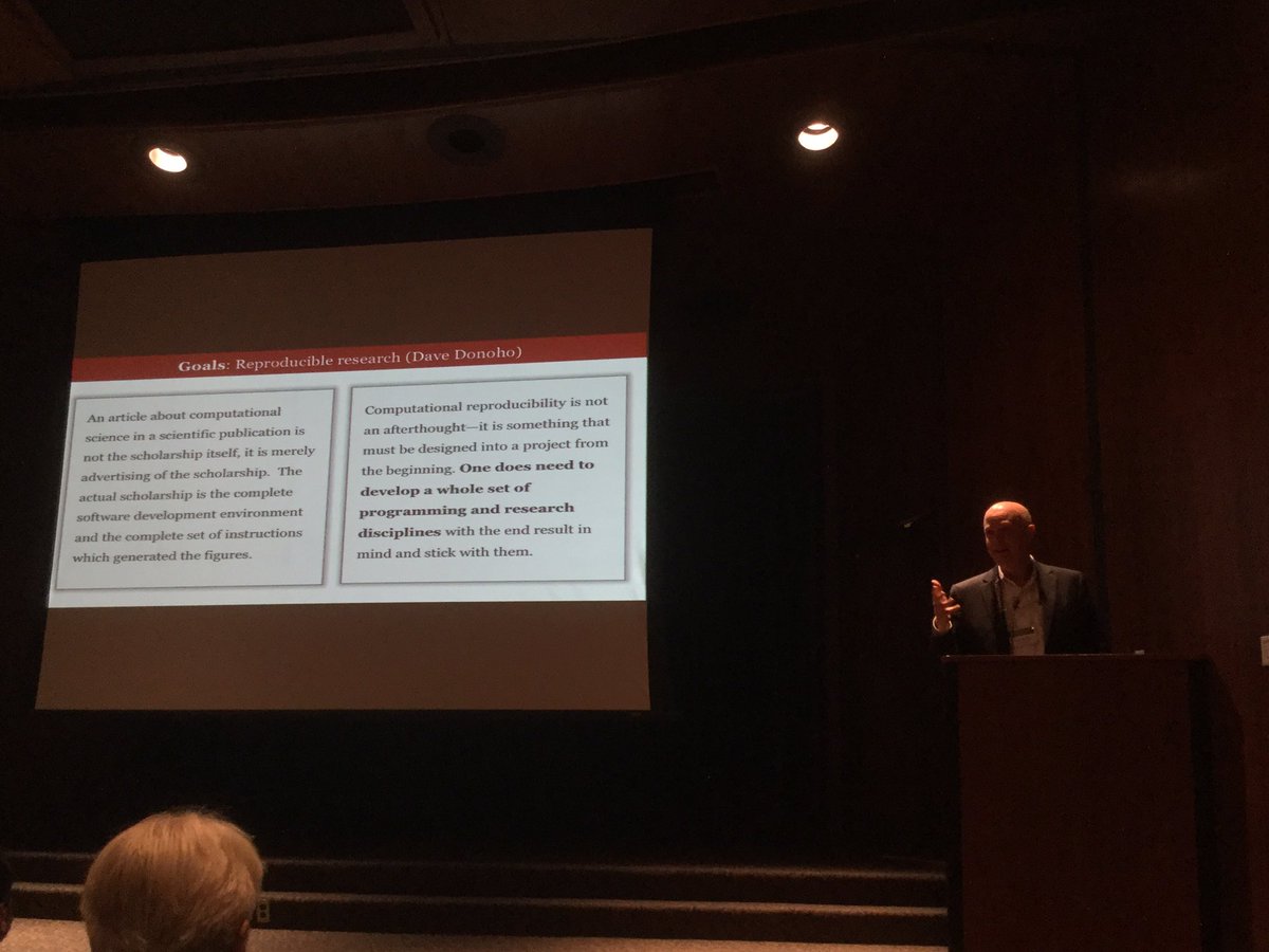 dankessler's tweet photo. Brian Wandell quotes Donoho: an article about comp sci is not the actual scholarship, it's just an advertisement for the code #BDN2017 https://t.co/5A1yUFs3xq
