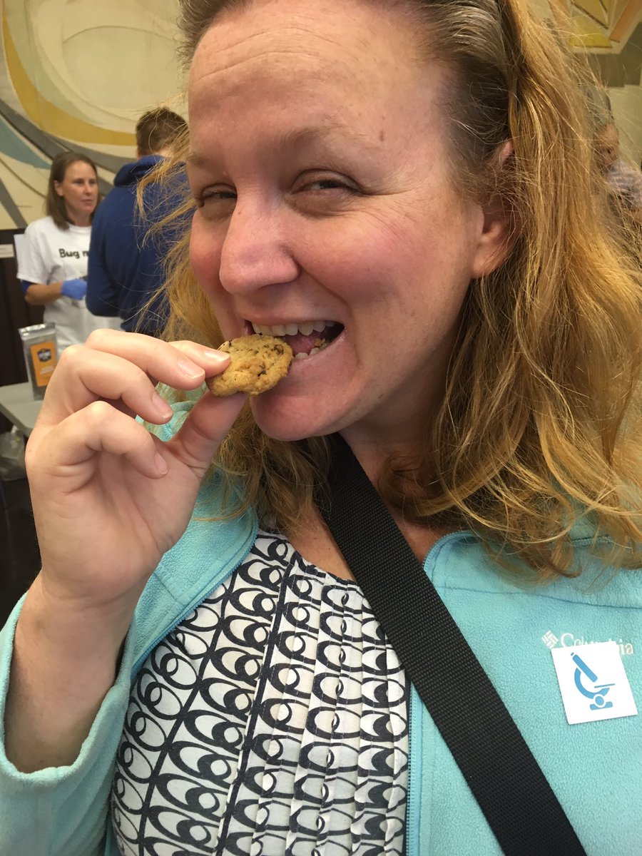 LeanderCampbell's tweet image. Inside looking at various bug displays. The wife trying a cricket cookie. #ewww 😉@bugdayOttawa