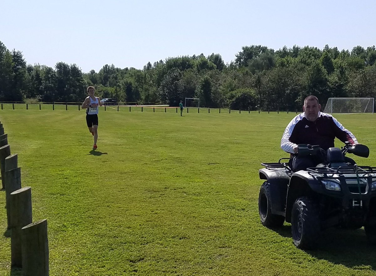 Austin Mathews of Paul Dunbar with a convincing win in the boys varsity race at the #BGXCI. Racing the ATV.